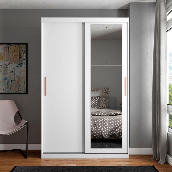 Encontraproduto.com.br - Guarda-Roupa Solteiro Bartira Paris com 134,4 cm de Largura, Espelho, 2 Portas de Correr e 2 Gavetas Branco