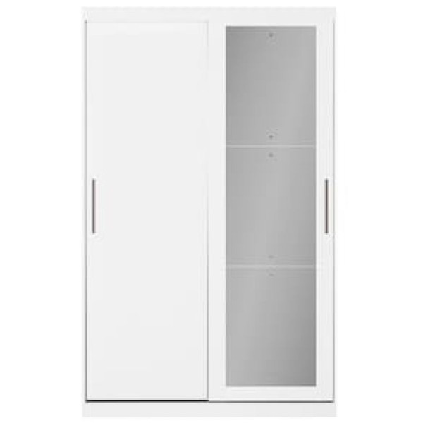 Encontraproduto.com.br - Guarda-Roupa Solteiro Bartira Paris com 134,4 cm de Largura, Espelho, 2 Portas de Correr e 2 Gavetas Branco