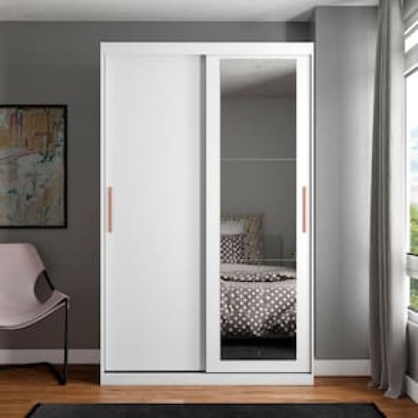 Encontraproduto.com.br - Guarda-Roupa Solteiro Bartira Paris com 134,4 cm de Largura, Espelho, 2 Portas de Correr e 2 Gavetas Branco