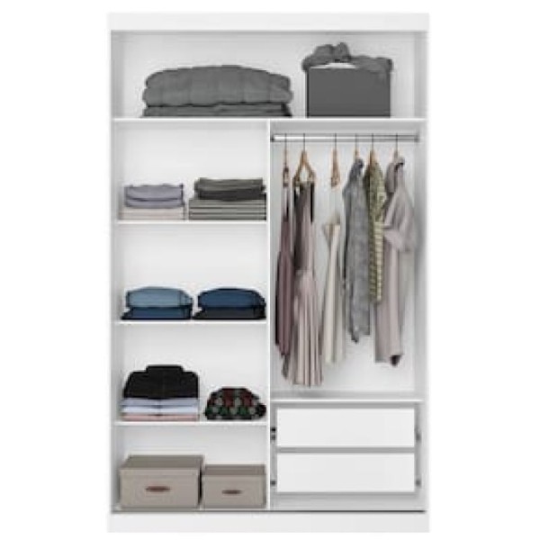 Encontraproduto.com.br - Guarda-Roupa Solteiro Bartira Paris com 134,4 cm de Largura, Espelho, 2 Portas de Correr e 2 Gavetas Branco
