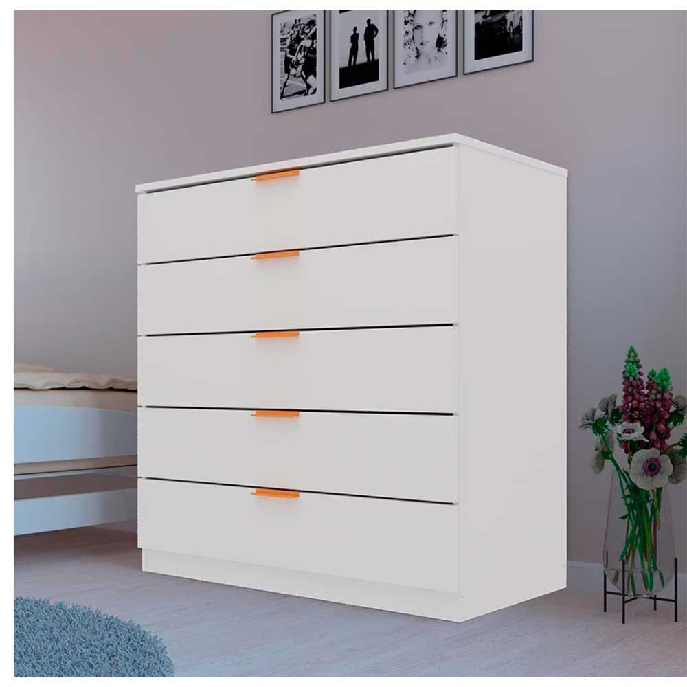 Encontraproduto.com.br - Cômoda Bartira Diplomata Com 5 Gavetas, Trava De Segurança E Espaço Para Tv De Até 42 Polegadas Branco Fosco