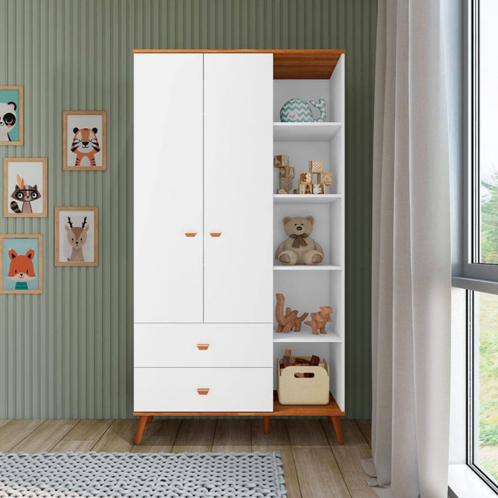 Encontraproduto.com.br - Guarda-Roupa Infantil Bartira Ternura com 5 Nichos, 2 Portas, 2 Gavetas e 106,8 cm de Largura Branco Wood