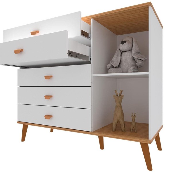 Encontraproduto.com.br - Cômoda Infantil Bartira Ternura com 5 Gavetas e 1 Porta, com 106,8 cm de Largura Branco Wood