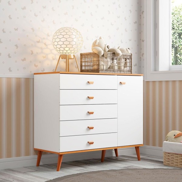 Encontraproduto.com.br - Cômoda Infantil Bartira Ternura com 5 Gavetas e 1 Porta, com 106,8 cm de Largura Branco Wood