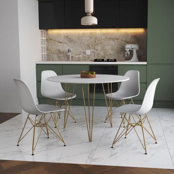 Mesa Jantar Redonda 110Cm Branca Clips 3 Pés Com 4 Cadeiras Eames Eiffel Brancas Base Dourada
