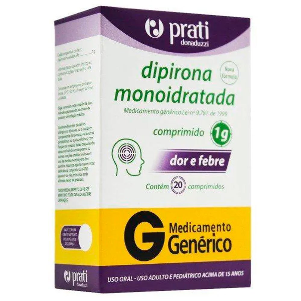 Encontraproduto.com.br - Analgésico e Antitérmico Dipirona Monoidratada 1g Genérico Prati-Donaduzzi 20 Comprimidos