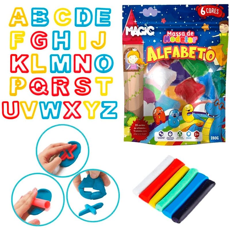 Encontraproduto.com.br - Massa de Modelar Alfabeto 34 Peças em Plástico Magic Kids