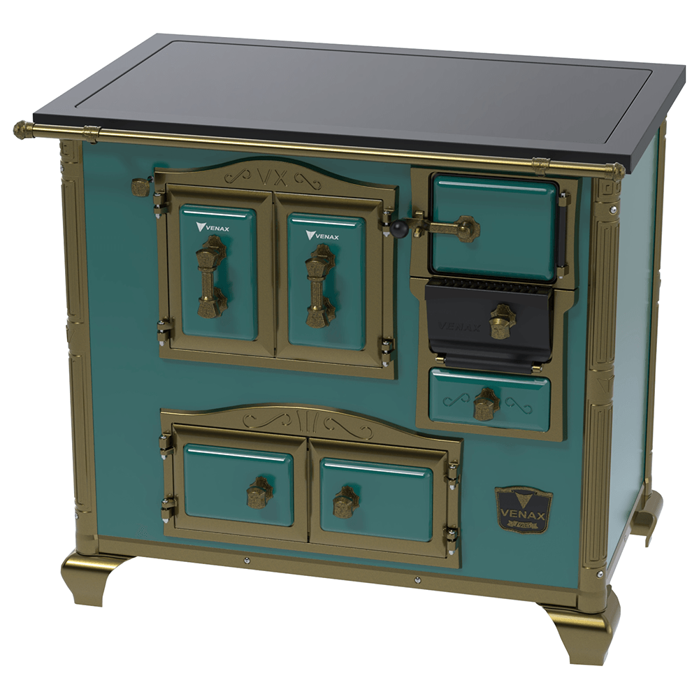 Encontraproduto.com.br - Fogão a Lenha Venax Nº2 Gabinete Imperador Premium Azul Turquesa com Chapa Vitrocerâmica - Chaminé Saída Lado Esquerdo