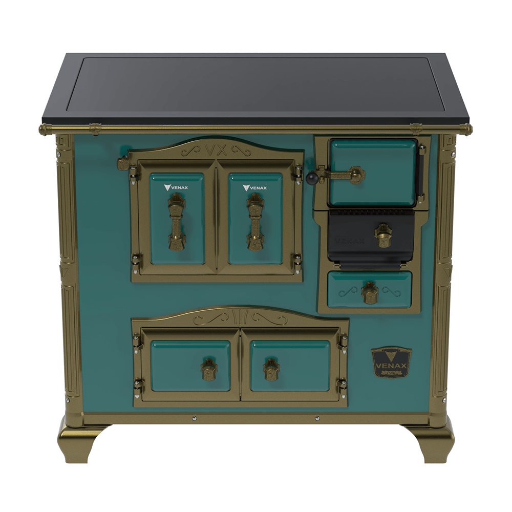 Encontraproduto.com.br - Fogão a Lenha Venax Nº2 Gabinete Imperador Premium Azul Turquesa com Chapa Vitrocerâmica - Chaminé Saída Lado Esquerdo