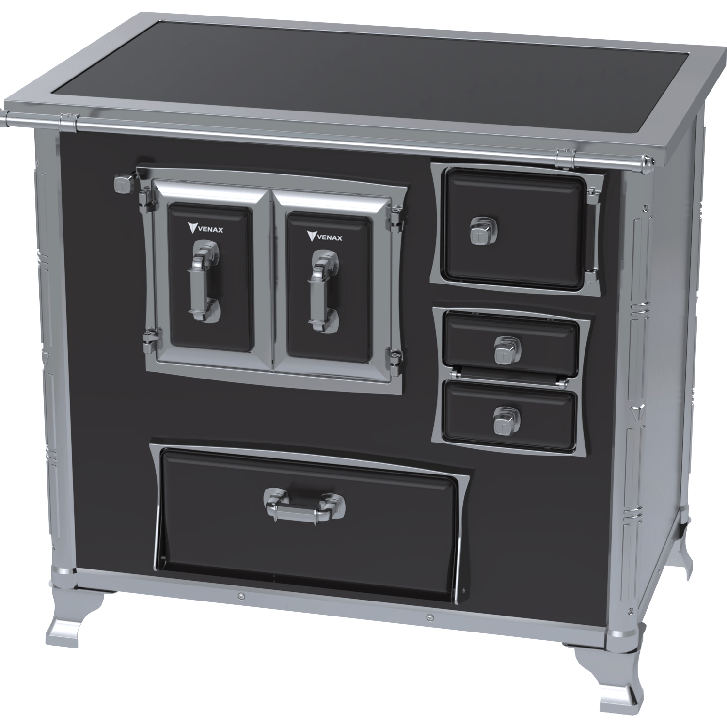 Encontraproduto.com.br - Fogão a Lenha Venax  Nº2 Gabinete Gii Século XVIII Premium Preto com Chapa Vitrocerâmica - Chaminé Saída Lado Esquerdo