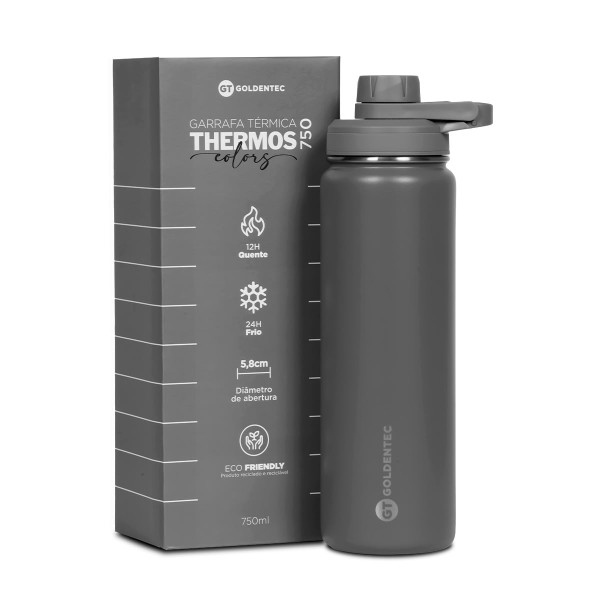 Encontraproduto.com.br - Garrafa Térmica Inox GT Colors 750 ml para bebidas quentes ou frias com tampa com bico e base emborrachada - Cinza
