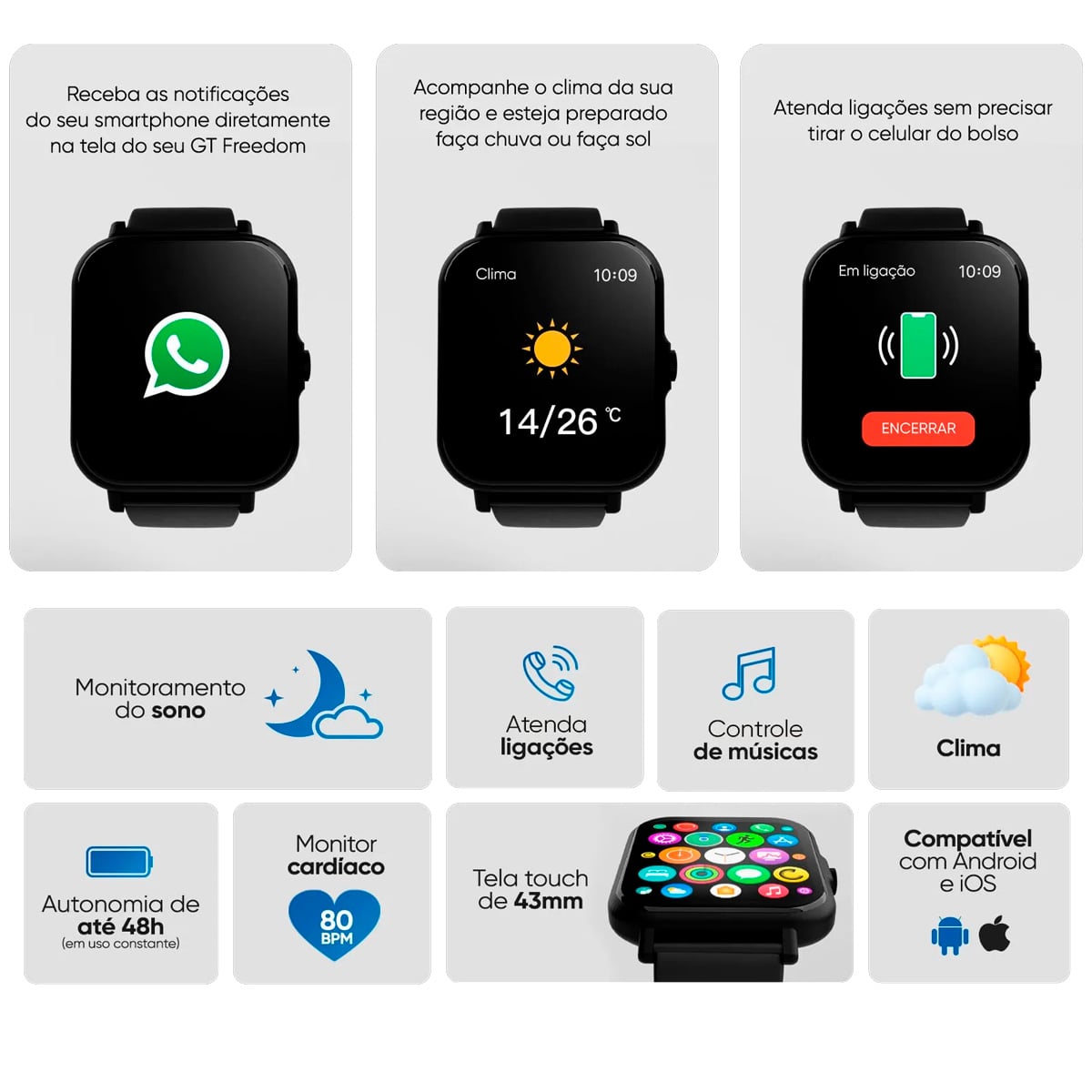Encontraproduto.com.br - Smartwatch Relógio Inteligente GT Freedom Tela Full Touch 43mm IP67 Bluetooth 5.0 Preto