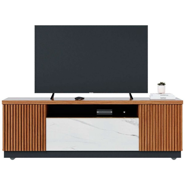 Encontraproduto.com.br - Rack Colibri Manaus Com 3 Portas, Ideal Para Tv De Até 70 Polegadas Noce Milano Com Preto Fosco E Calacatta