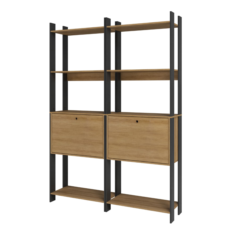 Kit 2 Estantes para Livros 2 Portas 10 Prateleiras Estilo Industrial Lâmina Mel/Preto - BRV Móveis