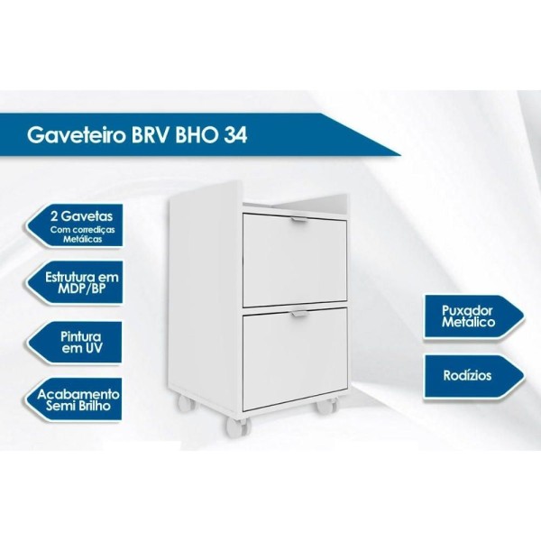 Encontraproduto.com.br - Gaveteiro p/ Escritório BHO34 c/ 2 Gavetas e Rodízios Branco - BRV