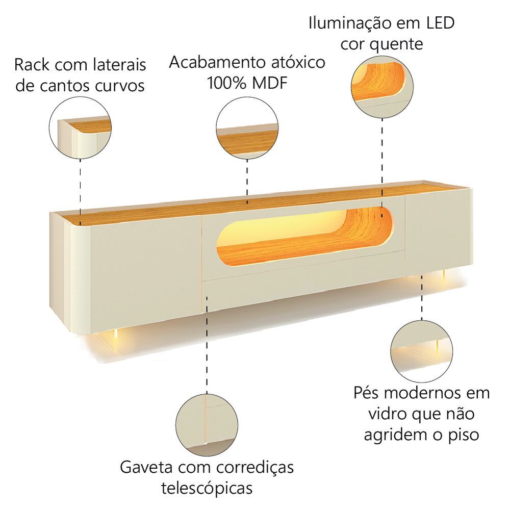 Encontraproduto.com.br - Rack para TV de Até 85 Polegadas 2 Portas 1 Gaveta LED com Pés de Vidro Nobre Gelius
