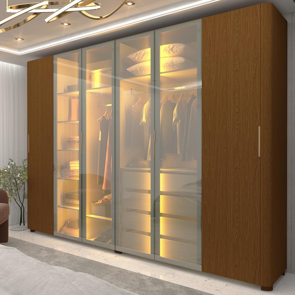 Guarda Roupa Casal com Vidro Reflecta LED e Pés 6 Portas 100% MDF Innova Gelius