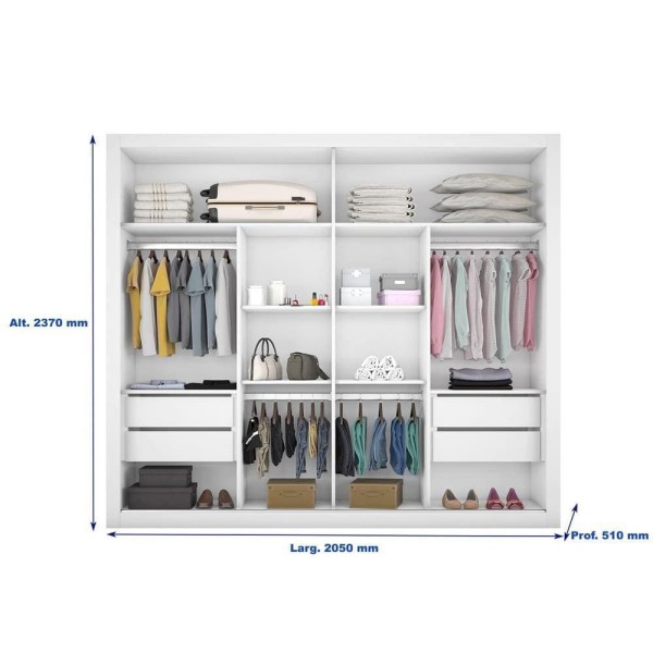Encontraproduto.com.br - Guarda-Roupa Casal Móveis Europa Londres Flex com 205cm de Largura, Espelho, 2 Portas de Correr e 4 Gavetas