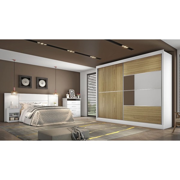 Encontraproduto.com.br - Guarda-Roupa Casal Móveis Europa Londres Flex com 205cm de Largura, Espelho, 2 Portas de Correr e 4 Gavetas