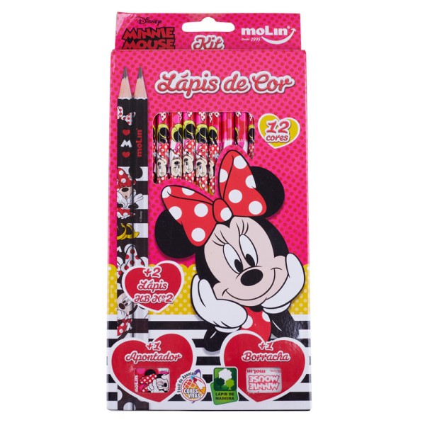 Encontraproduto.com.br - Lápis de Cor 12 Cores com Apontador Borracha e 2 Lápis HB Disney Minnie Mouse Molin