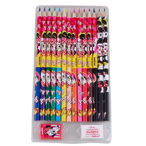Encontraproduto.com.br - Lápis de Cor 12 Cores com Apontador Borracha e 2 Lápis HB Disney Minnie Mouse Molin