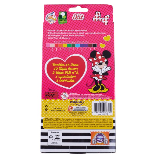 Encontraproduto.com.br - Lápis de Cor 12 Cores com Apontador Borracha e 2 Lápis HB Disney Minnie Mouse Molin