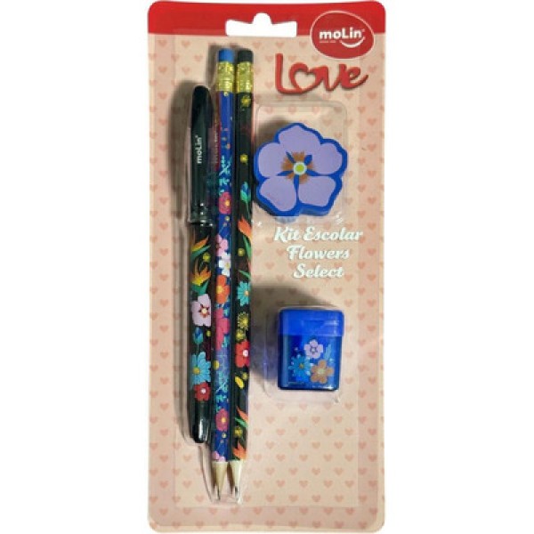 KIT 2 LAPIS BORRACHA APONTADOR CANETA LOVE FLOWERS 22916 MOLIN