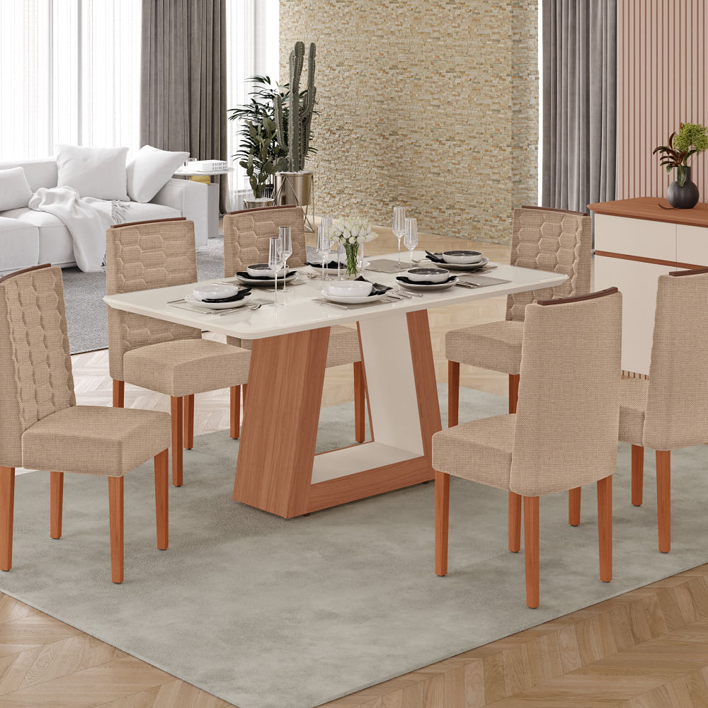 Conjunto Sala de Jantar Heloize 160x80cm com 6 Cadeiras Coral Tuboarte - Freijó e Off White