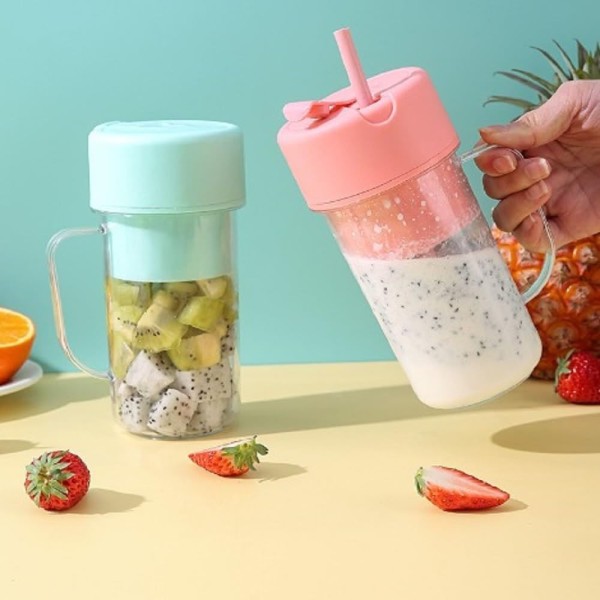 Encontraproduto.com.br - Copo Caneca Liquidificador Mini Juicer 420ml com 6 laminas com tampa e canudo Recarregavel Portatil