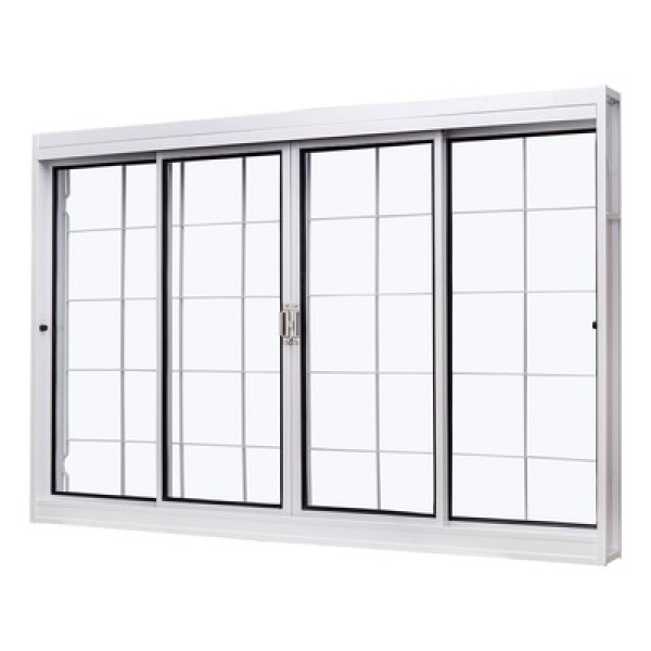 Janela De Aço De Correr Central 100x150cm 4 Folhas Com Grade Quadriculada E Vidro Liso Qualitysol Ramassol Branco