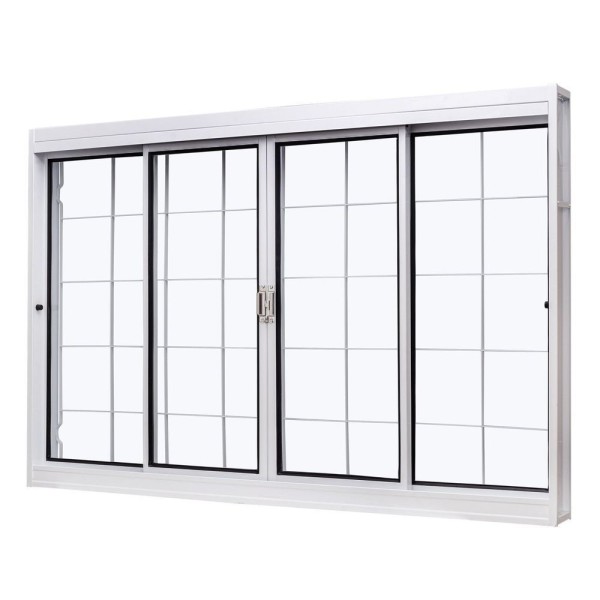 Janela De Aço De Correr Central 100x150cm 4 Folhas Com Grade Quadriculada E Vidro Liso Qualitysol Ramassol Branco
