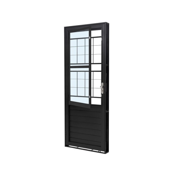 Porta de Aço Postigo Grade Quadriculada Vidro Liso Direita 83X215X12 Preto Ramassol