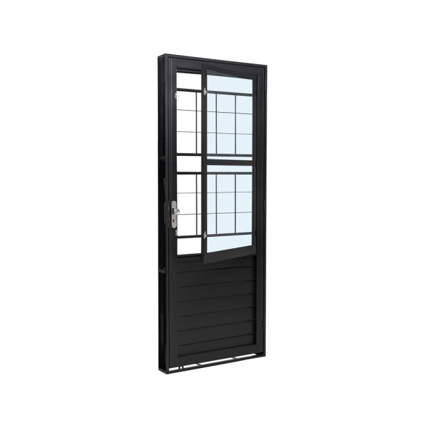 Encontraproduto.com.br - Porta de Aço Postigo Grade Quadriculada Vidro Liso Esquerda 83X215X14 Preto Ramassol
