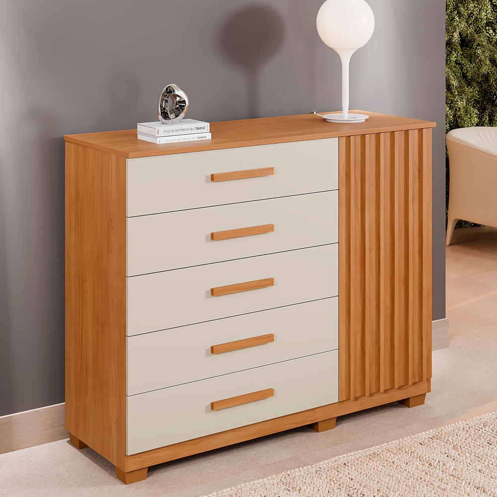 Cômoda Paris Quarto Com 6 Gavetas E 1 Porta Ripada Cinamomo/off White