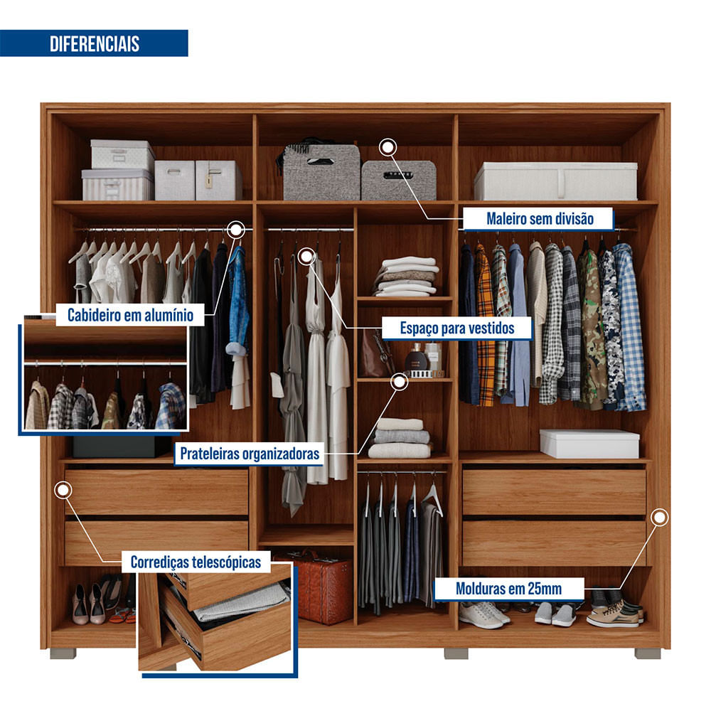 Encontraproduto.com.br - Guarda Roupa 6 Portas 4 Espelhos Marrom Diamond Caemmun