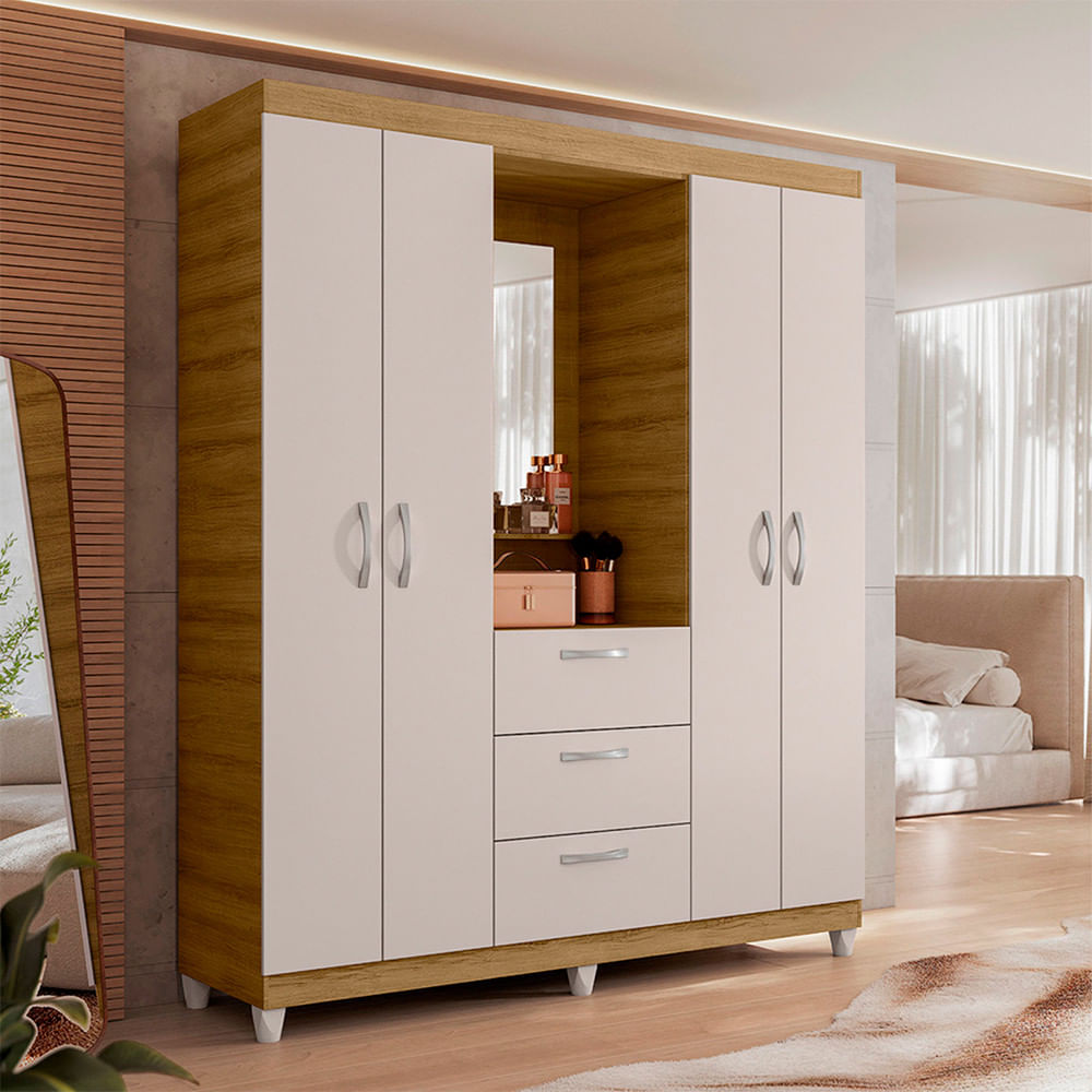 Encontraproduto.com.br - Guarda Roupa Casal 4 Portas 3 Gavetas Capelinha com Espelho Clapton Caemmun