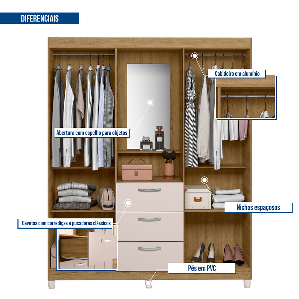 Encontraproduto.com.br - Guarda Roupa Casal 4 Portas 3 Gavetas Capelinha com Espelho Clapton Caemmun