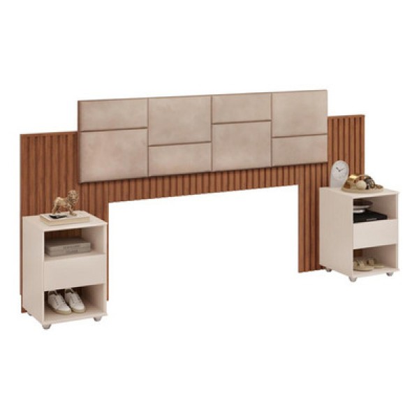 Encontraproduto.com.br - Cabeceira Estofada Com Mesa Cabeceira E Led - 7 Decormoveis - Veludo Kraft
