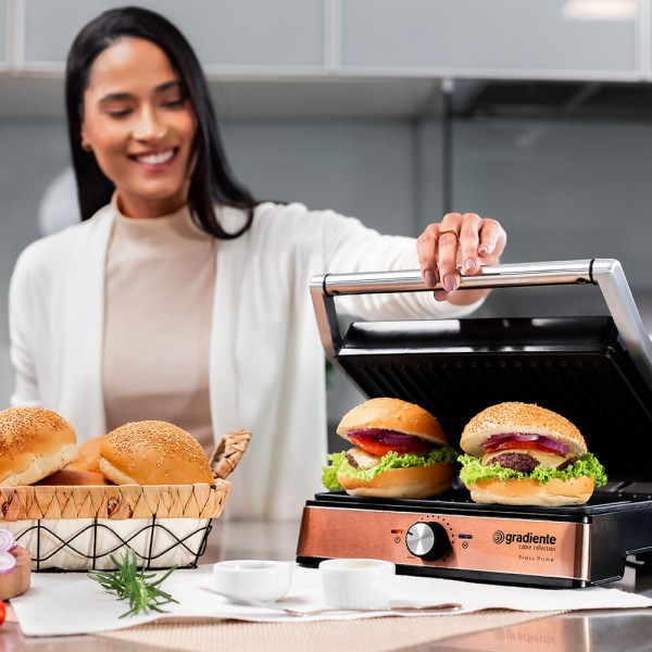 Encontraproduto.com.br - Grill Press Prime Inox Gradiente 2000W Pggr152 Cobre 110V