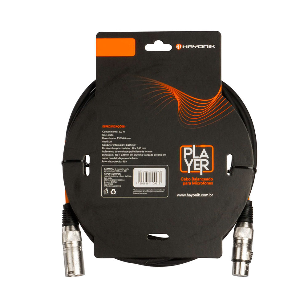 Encontraproduto.com.br - Cabo Para Microfone Player XLR(F) x XLR(M) 5m Preto Hayonik