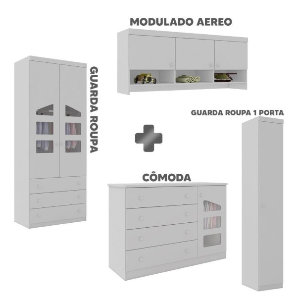Encontraproduto.com.br - Quarto Modulado Infantil Eloísa Completo Armário Aéreo Roupeiro Cômoda 100% Mdf - Phoenix Baby