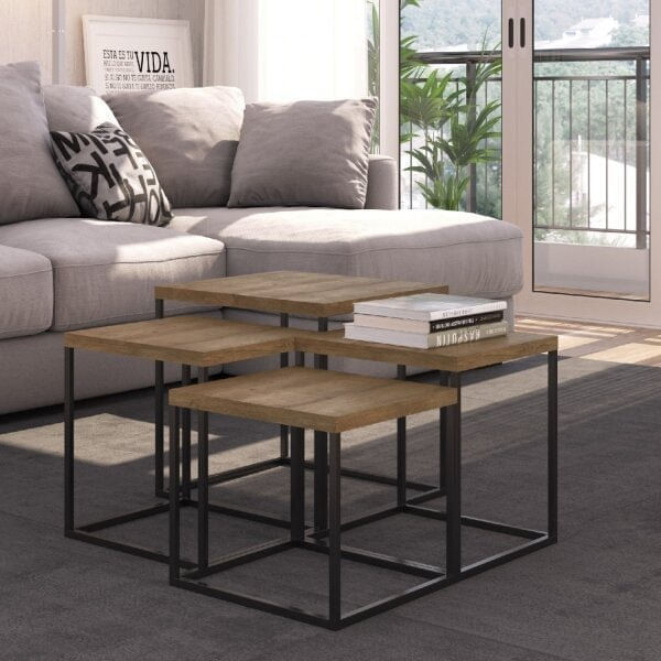Encontraproduto.com.br - Mesa De Centro Para Sala Industrial Estrutura Em Metal 40 Cm Cor:vermont Com Preto Fosco Vermont Com Preto Fosco