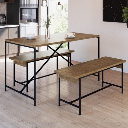 Kit Mesa De Jantar Industrial Em Aço + 2 Banquetas Largas Cor:vermont Com Preto Fosco Vermont Com Preto Fosco
