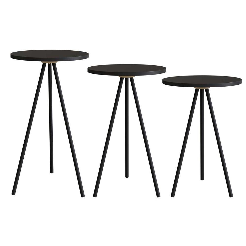 Encontraproduto.com.br - Kit Com 3 Mesas Laterais Para Sala Retrô Com Pés Em Aço Cor:preto Preto
