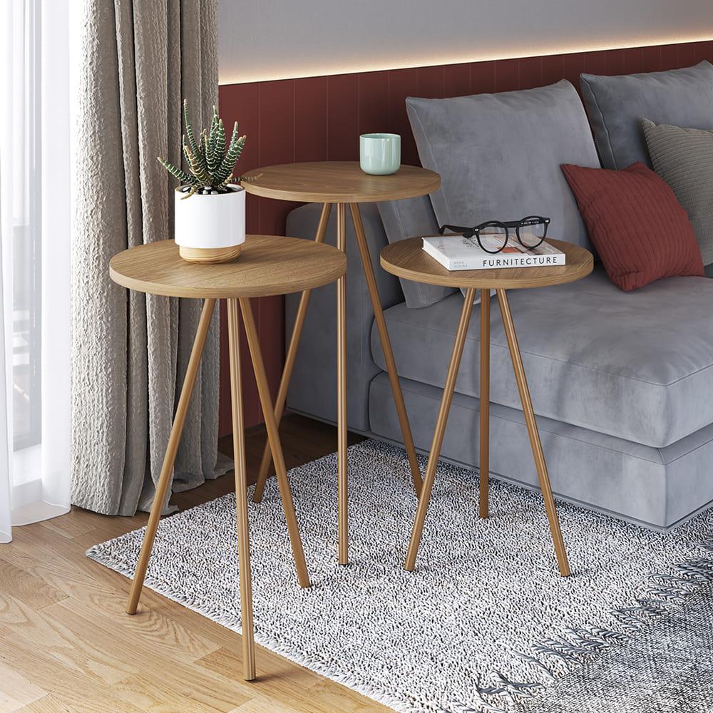 Encontraproduto.com.br - Kit Com 3 Mesas Laterais Para Sala Retrô Com Pés Em Aço Cor:hanover Com Dourado Hanover Com Dourado