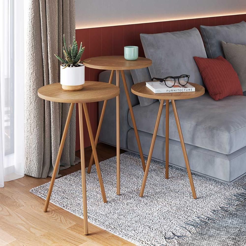 Encontraproduto.com.br - Kit Com 3 Mesas Laterais Para Sala Retrô Com Pés Em Aço Cor:hanover Com Dourado Hanover Com Dourado
