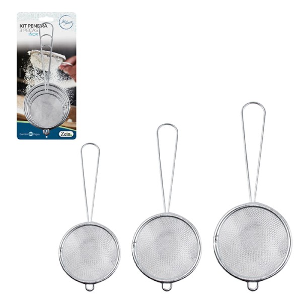 Encontraproduto.com.br - Kit 3 Peneiras Inox Pequenas Casa Cozinha Leite Café 6,7cm