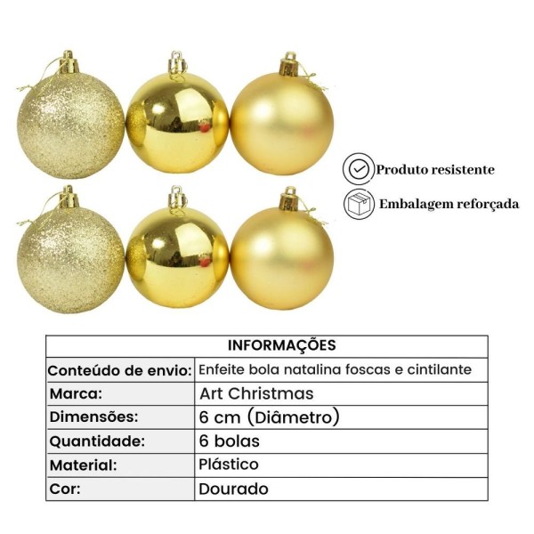 Encontraproduto.com.br - Enfeite Bola Natalina Lisa 6 Peças Em Plástico 6cm Dourada