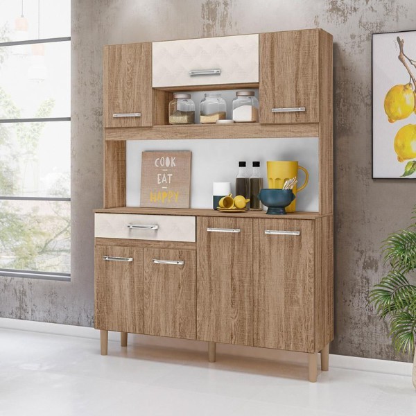 Encontraproduto.com.br - Armario Cozinha 7 Portas E 1 Gaveta Magazine 120 Carvalho Rustico/off White Trid