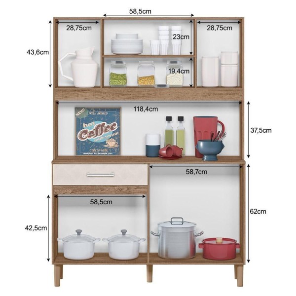 Encontraproduto.com.br - Armario Cozinha 7 Portas E 1 Gaveta Magazine 120 Carvalho Rustico/off White Trid
